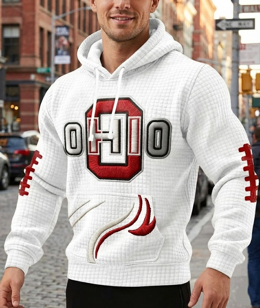 Ohio State Buckeyes Football Hoodie - White Quilted Pullover with 3D Embroidered Style Graphics - LeagueLockerGear