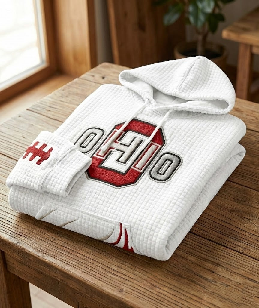 Ohio State Buckeyes Football Hoodie - White Quilted Pullover with 3D Embroidered Style Graphics - LeagueLockerGear