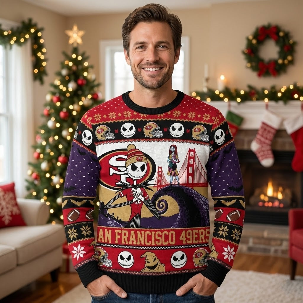 San Francisco 49ers Nightmare Before Christmas Sweater - Jack Skellington Ugly Holiday NFL Jumper - LeagueLockerGear