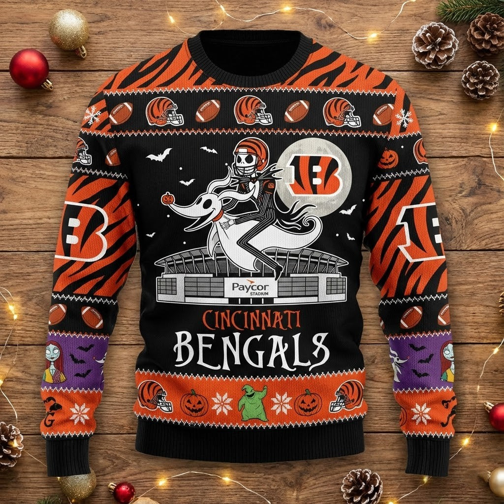 Cincinnati Bengals Nightmare Before Christmas Sweater - NFL Jack Skellington Ugly Christmas Holiday Sweater - LeagueLockerGear