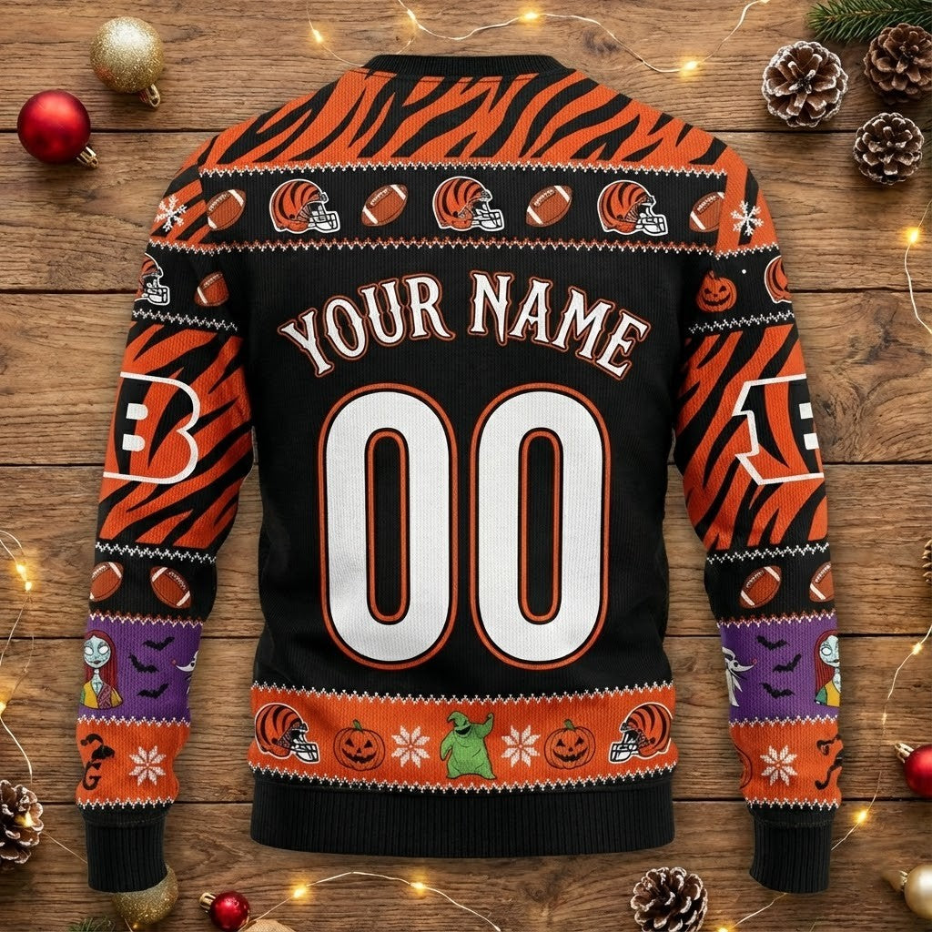 Cincinnati Bengals Nightmare Before Christmas Sweater - NFL Jack Skellington Ugly Christmas Holiday Sweater - LeagueLockerGear