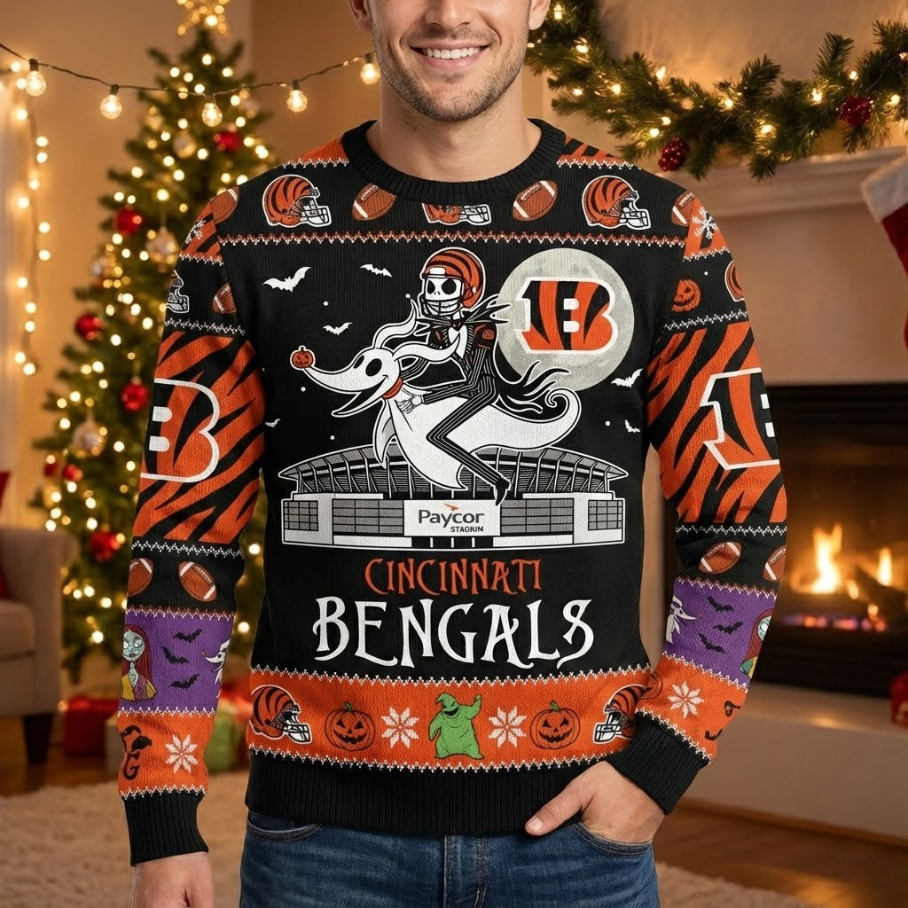 Cincinnati Bengals Nightmare Before Christmas Sweater - NFL Jack Skellington Ugly Christmas Holiday Sweater - LeagueLockerGear