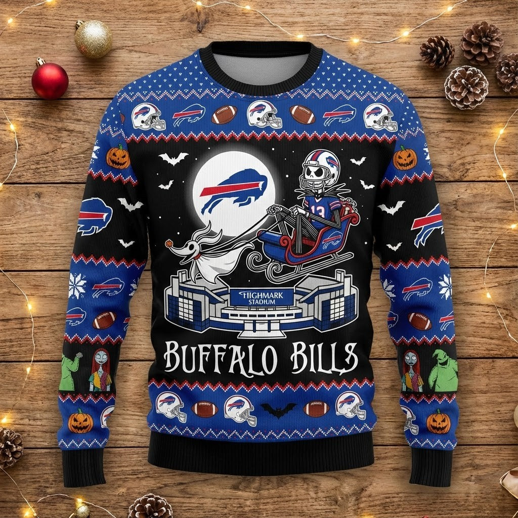 Buffalo Bills Ugly Christmas Sweater - The Nightmare Before Christmas Jack Skellington NFL Holiday Apparel - LeagueLockerGear