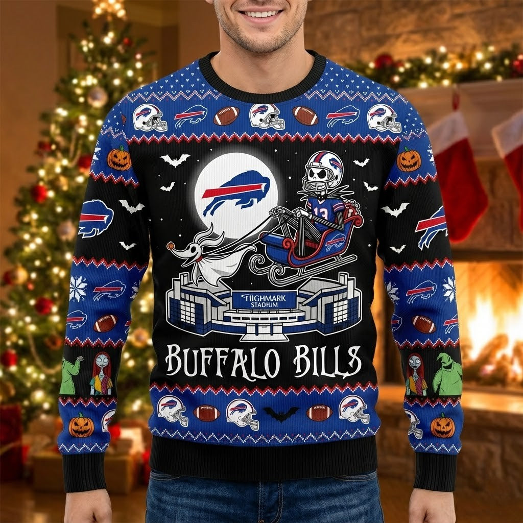 Buffalo Bills Ugly Christmas Sweater - The Nightmare Before Christmas Jack Skellington NFL Holiday Apparel - LeagueLockerGear