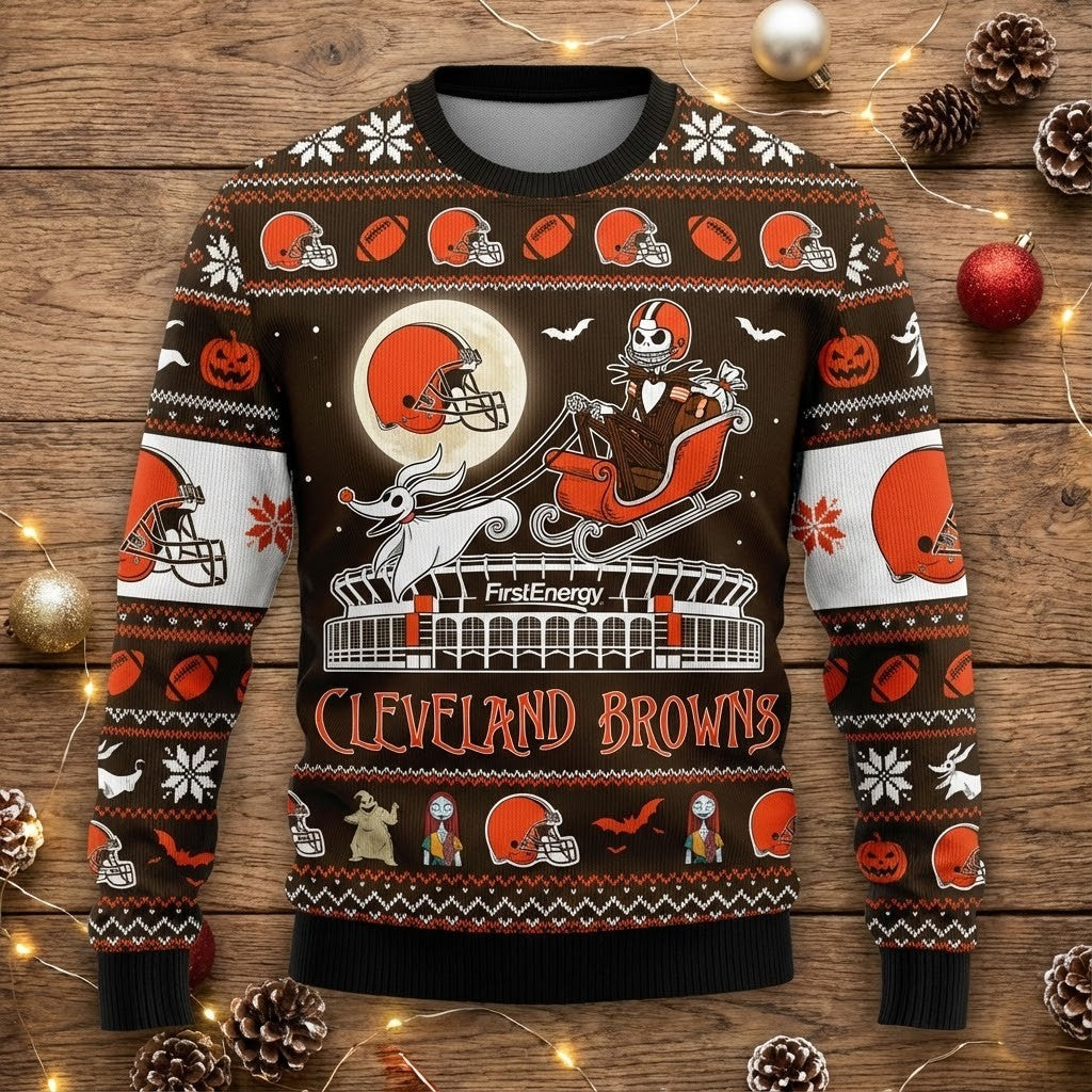Cleveland Browns Nightmare Before Christmas Sweater - NFL Jack Skellington Ugly Holiday Sweater - LeagueLockerGear