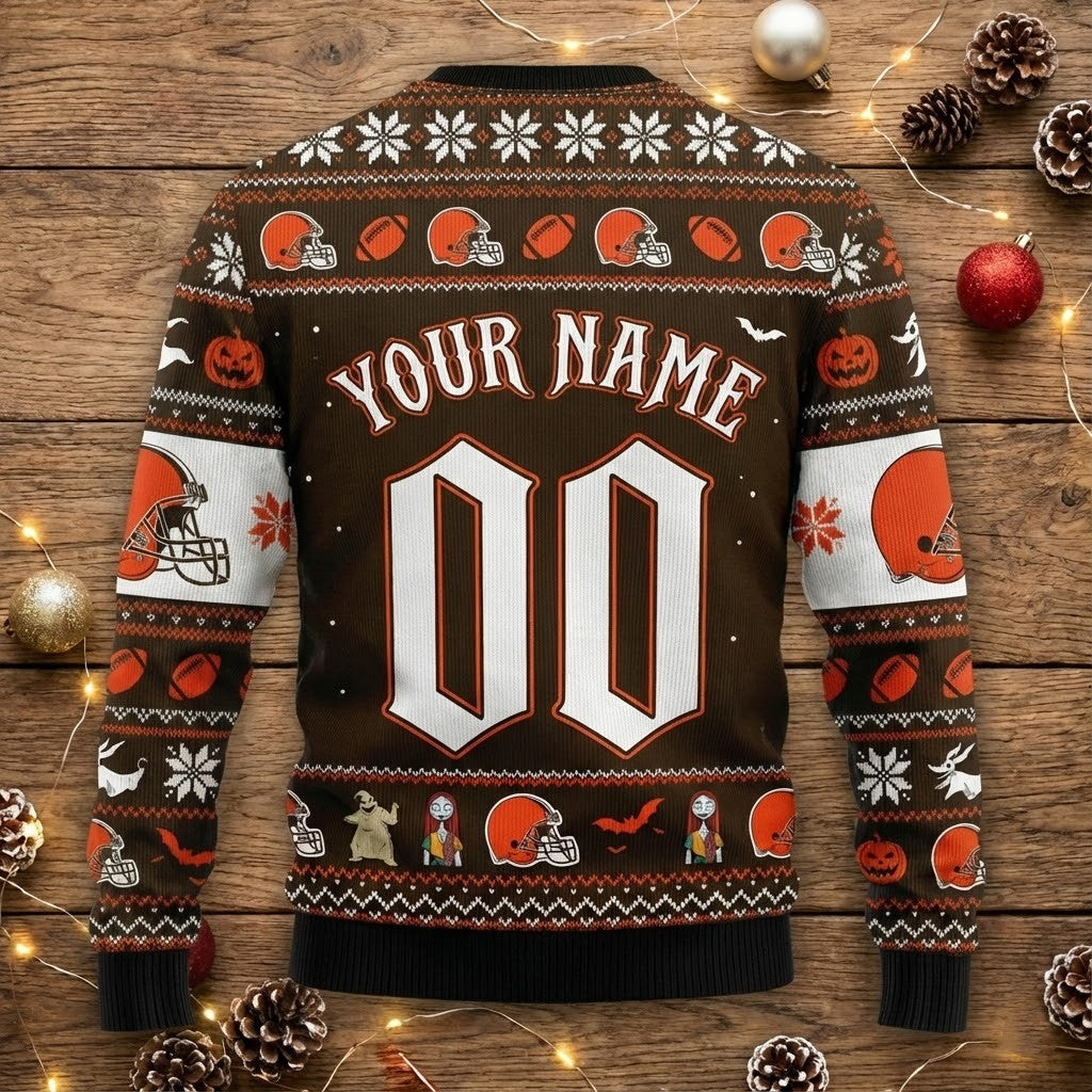 Cleveland Browns Nightmare Before Christmas Sweater - NFL Jack Skellington Ugly Holiday Sweater - LeagueLockerGear