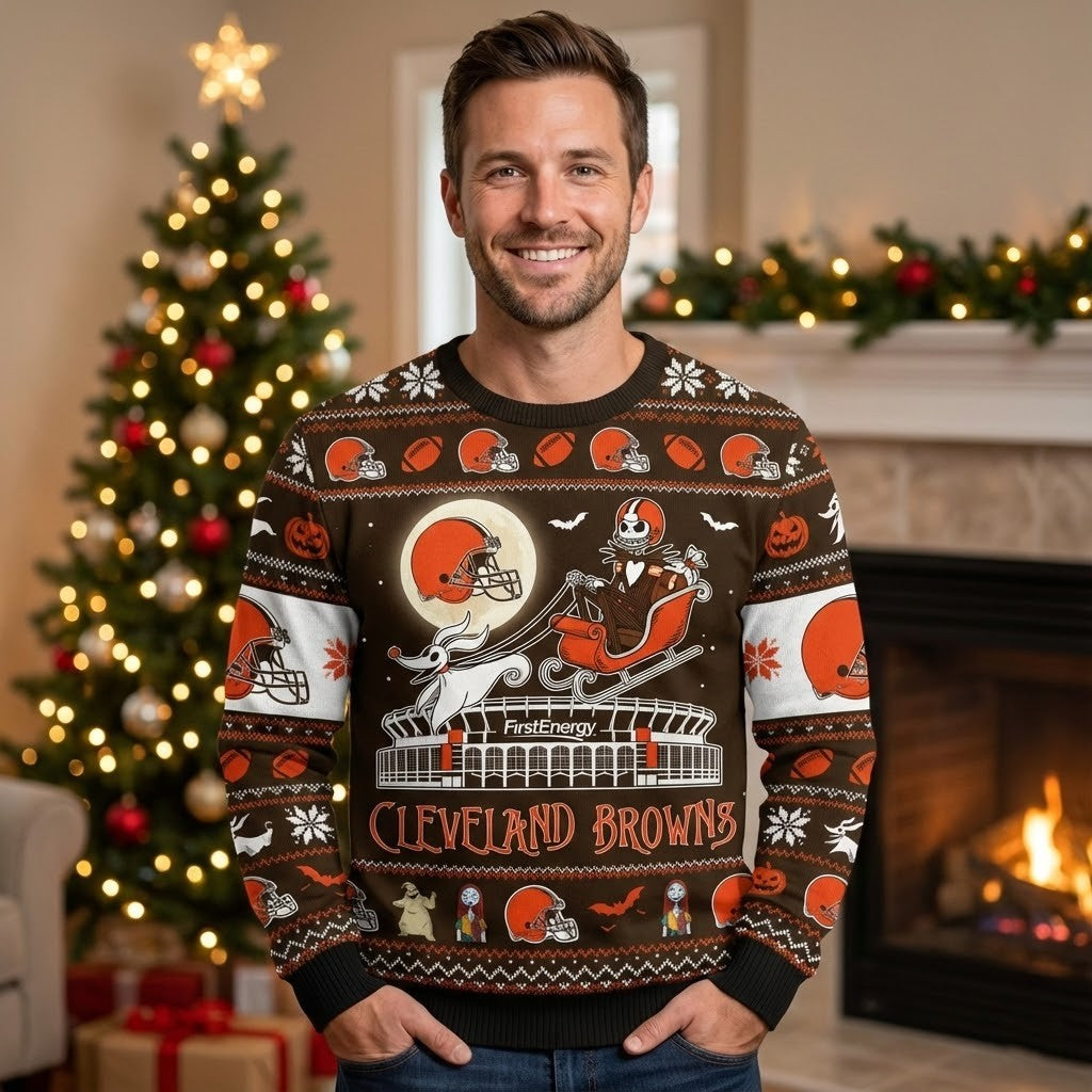 Cleveland Browns Nightmare Before Christmas Sweater - NFL Jack Skellington Ugly Holiday Sweater - LeagueLockerGear