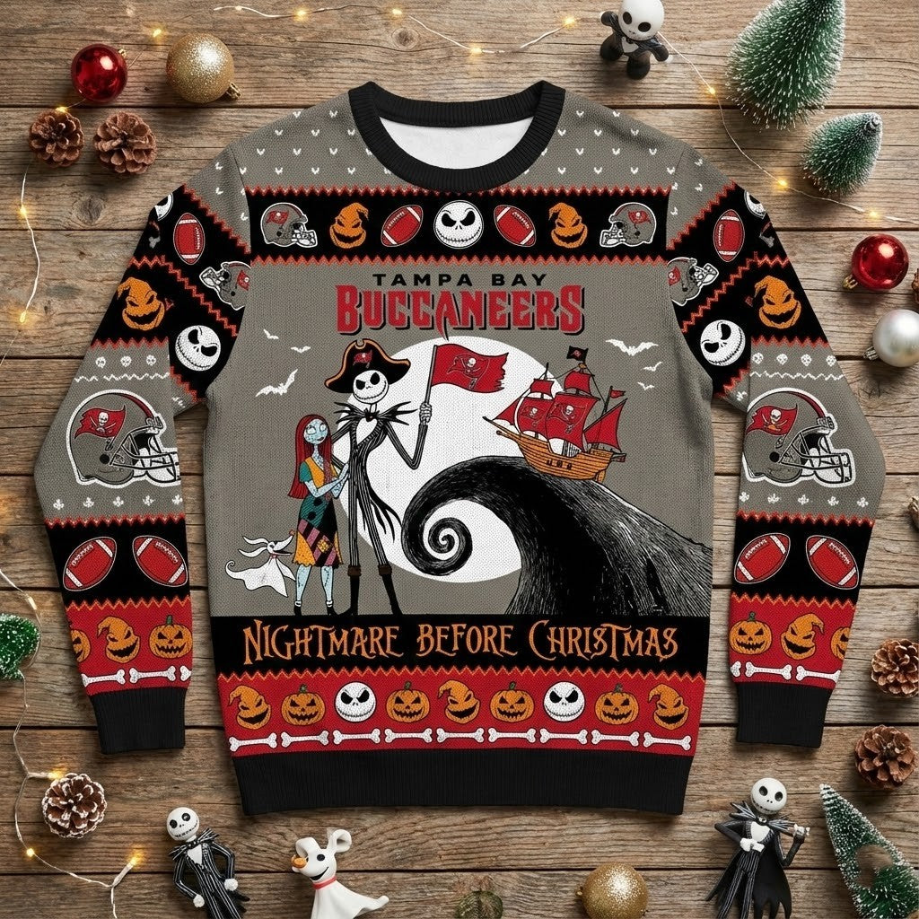 Tampa Bay Buccaneers Nightmare Before Christmas Sweater - NFL Jack and Sally Ugly Christmas Jumper - LeagueLockerGear