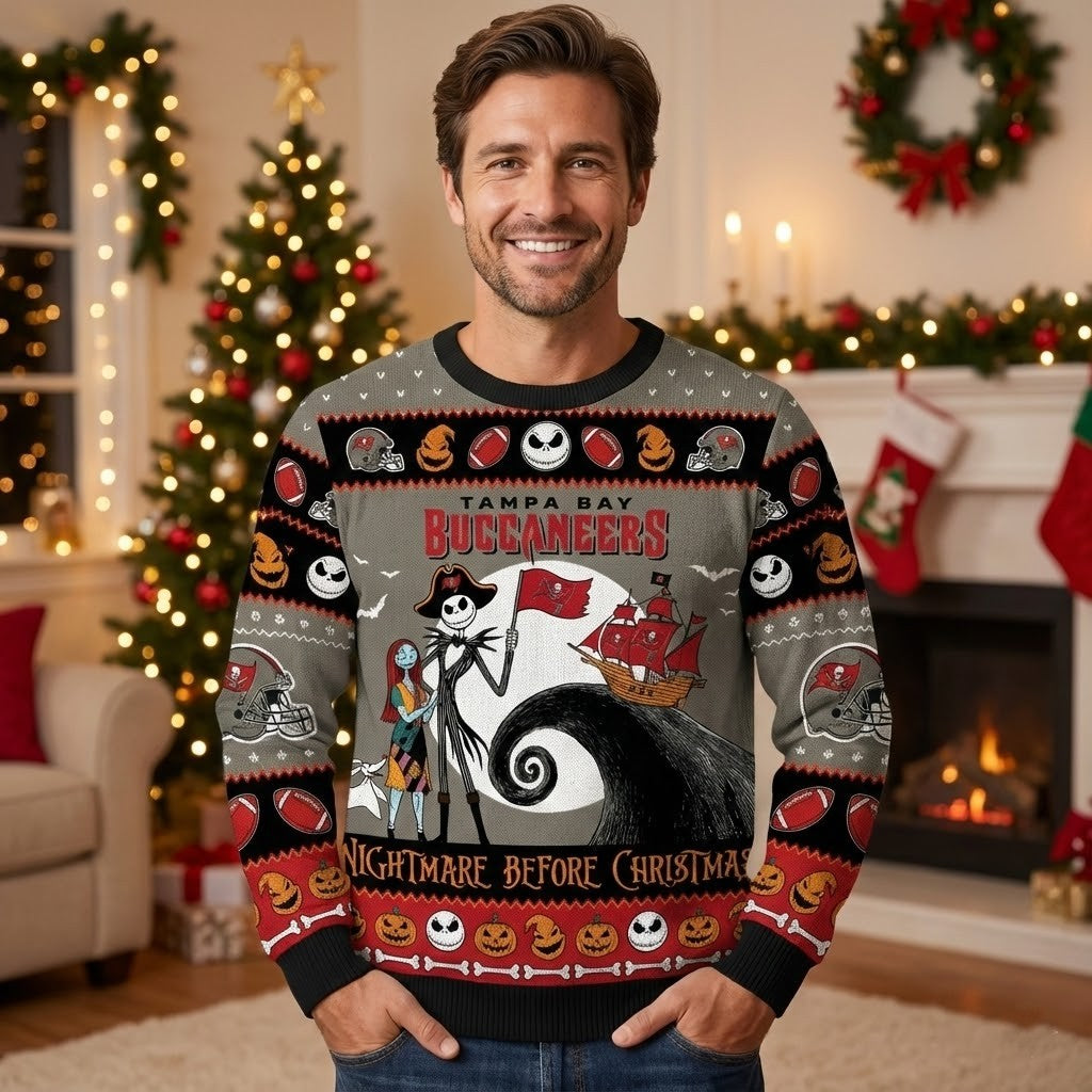 Tampa Bay Buccaneers Nightmare Before Christmas Sweater - NFL Jack and Sally Ugly Christmas Jumper - LeagueLockerGear