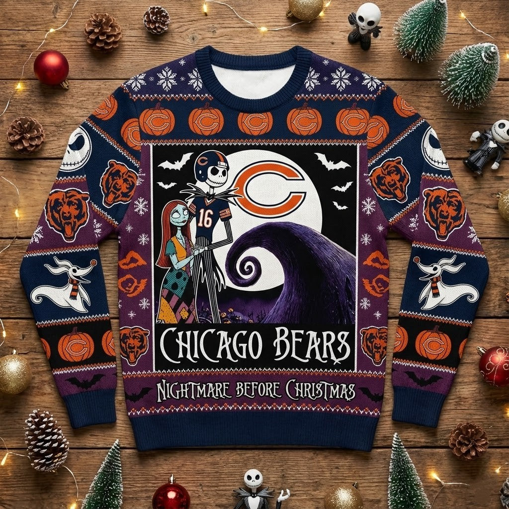 Chicago Bears Nightmare Before Christmas Sweater - NFL Jack Skellington and Sally Ugly Holiday Sweater - LeagueLockerGear