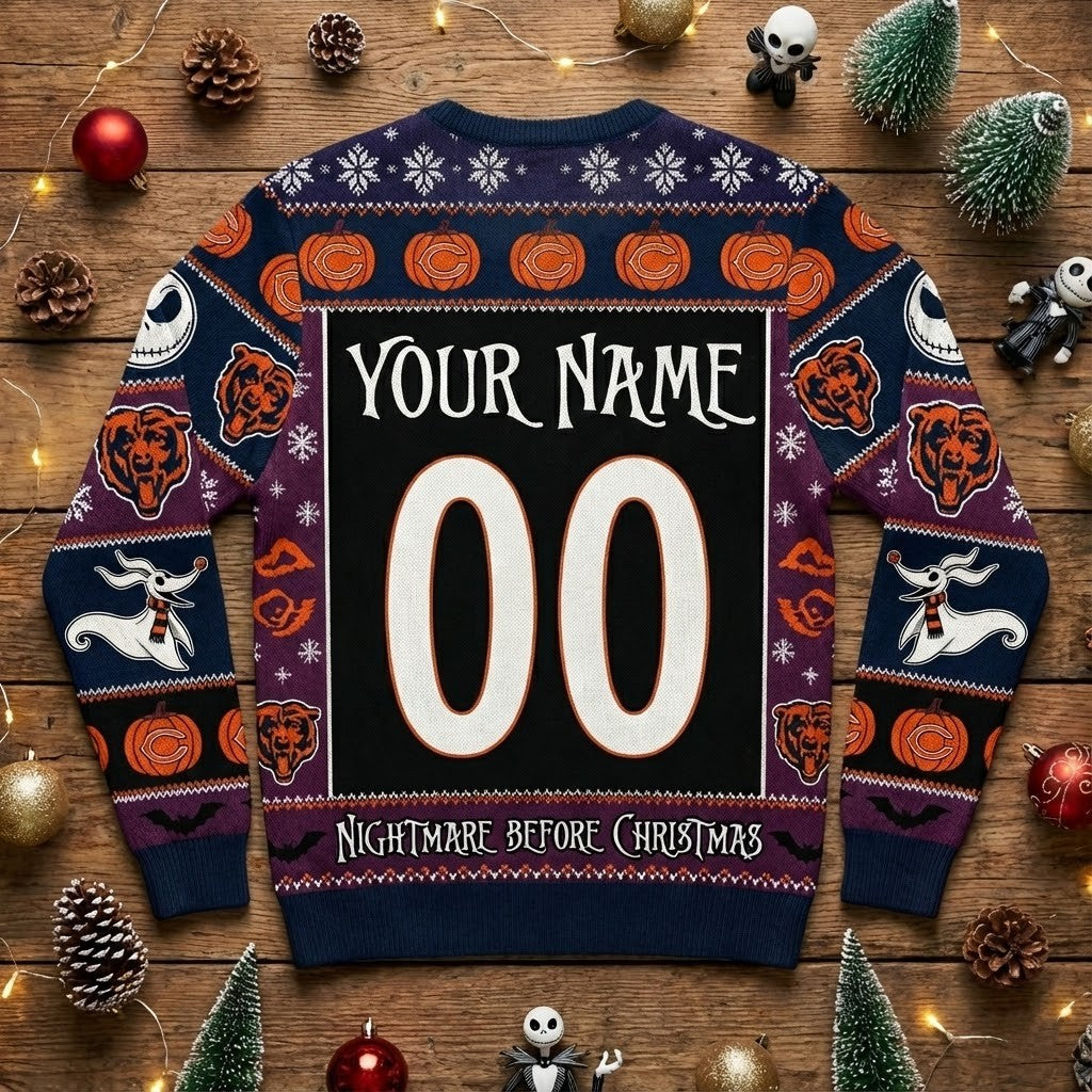 Chicago Bears Nightmare Before Christmas Sweater - NFL Jack Skellington and Sally Ugly Holiday Sweater - LeagueLockerGear