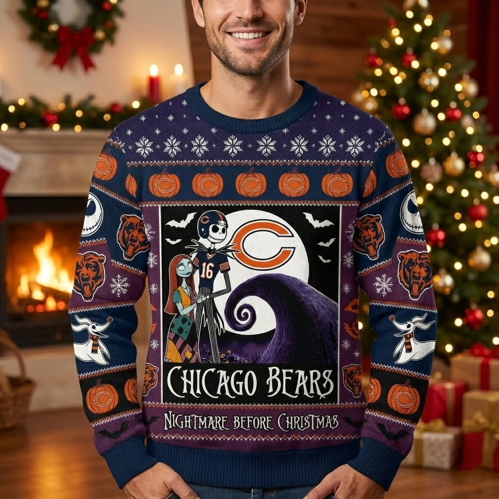 Chicago Bears Nightmare Before Christmas Sweater - NFL Jack Skellington and Sally Ugly Holiday Sweater - LeagueLockerGear