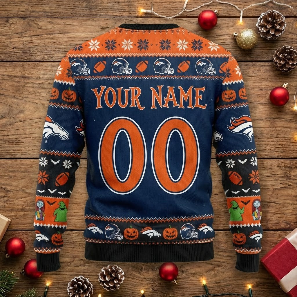 Denver Broncos Nightmare Before Christmas Sweater - NFL Jack Skellington Ugly Christmas Sweater - LeagueLockerGear