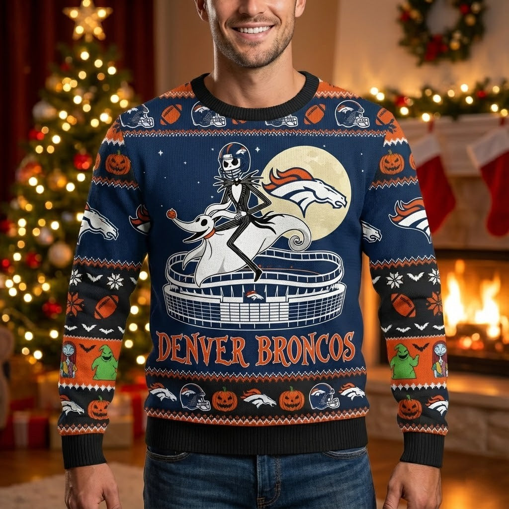 Denver Broncos Nightmare Before Christmas Sweater - NFL Jack Skellington Ugly Christmas Sweater - LeagueLockerGear