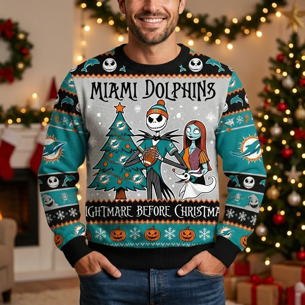 Miami Dolphins Nightmare Before Christmas Sweater - Jack Skellington and Sally Ugly Christmas Sweater - LeagueLockerGear