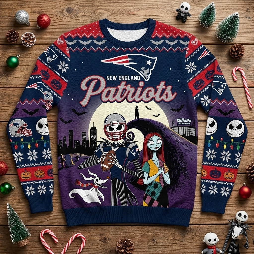 New England Patriots Nightmare Before Christmas Sweater - Jack Skellington Sally Ugly Christmas Sweater - LeagueLockerGear