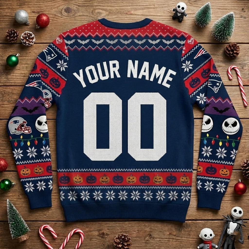 New England Patriots Nightmare Before Christmas Sweater - Jack Skellington Sally Ugly Christmas Sweater - LeagueLockerGear