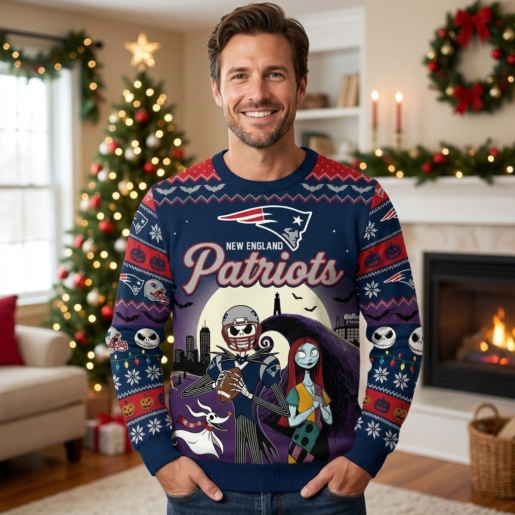 New England Patriots Nightmare Before Christmas Sweater - Jack Skellington Sally Ugly Christmas Sweater - LeagueLockerGear