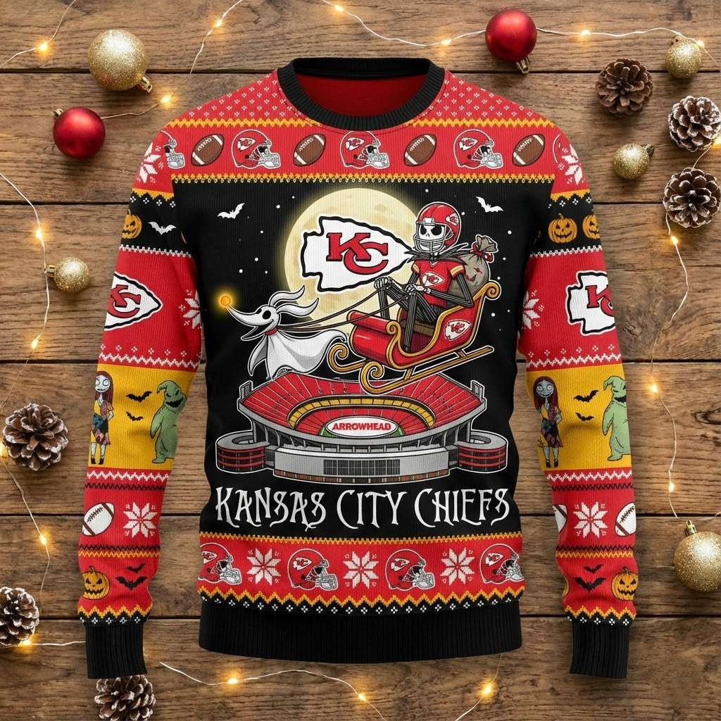 Kansas City Chiefs Nightmare Before Christmas Sweater - NFL Jack Skellington Holiday Ugly Sweater - LeagueLockerGear