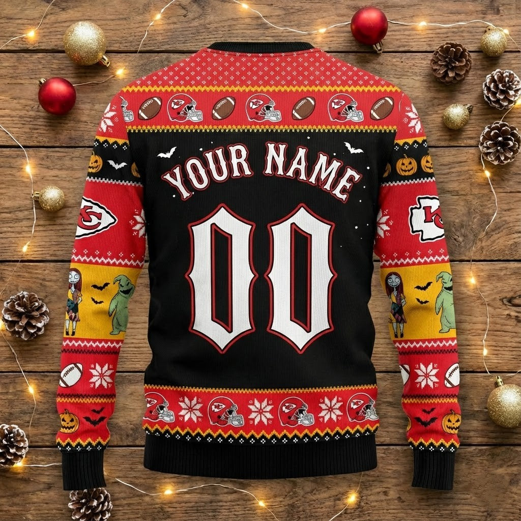 Kansas City Chiefs Nightmare Before Christmas Sweater - NFL Jack Skellington Holiday Ugly Sweater - LeagueLockerGear