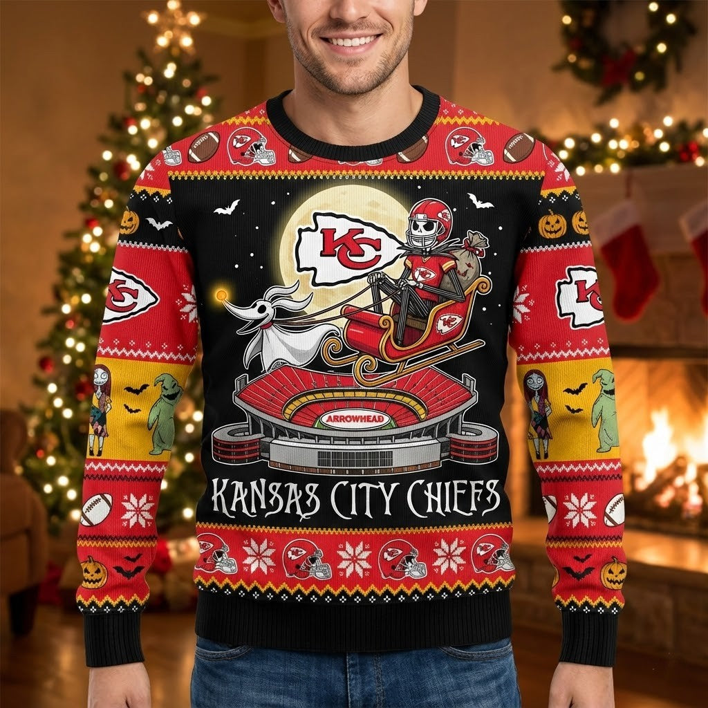 Kansas City Chiefs Nightmare Before Christmas Sweater - NFL Jack Skellington Holiday Ugly Sweater - LeagueLockerGear