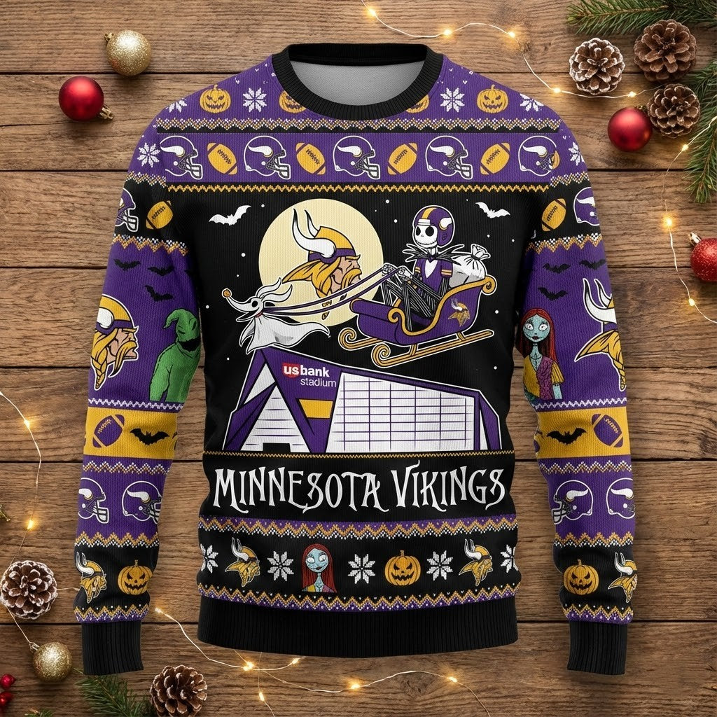 Minnesota Vikings Nightmare Before Christmas Sweater - Ugly Halloween Christmas Sweater, NFL Fan Apparel - LeagueLockerGear