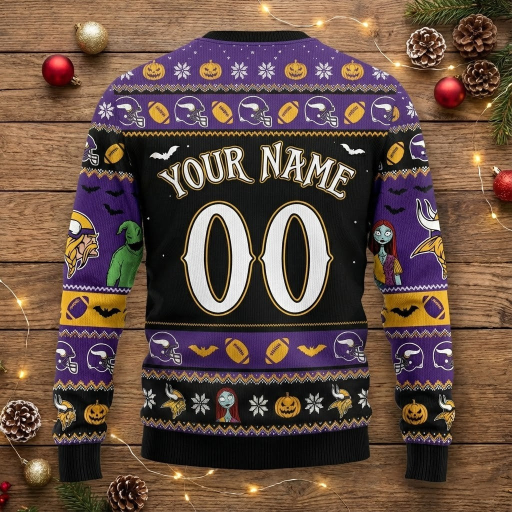 Minnesota Vikings Nightmare Before Christmas Sweater - Ugly Halloween Christmas Sweater, NFL Fan Apparel - LeagueLockerGear