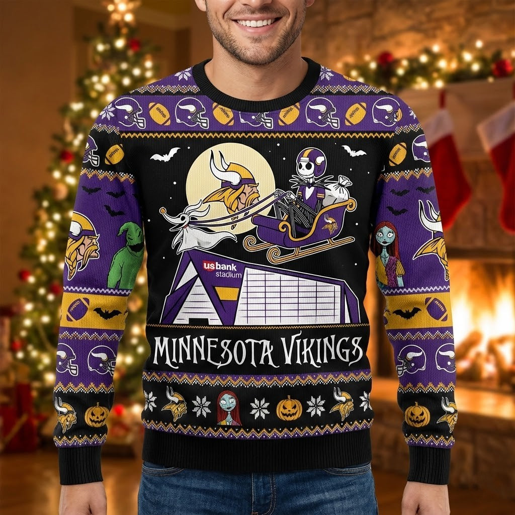 Minnesota Vikings Nightmare Before Christmas Sweater - Ugly Halloween Christmas Sweater, NFL Fan Apparel - LeagueLockerGear