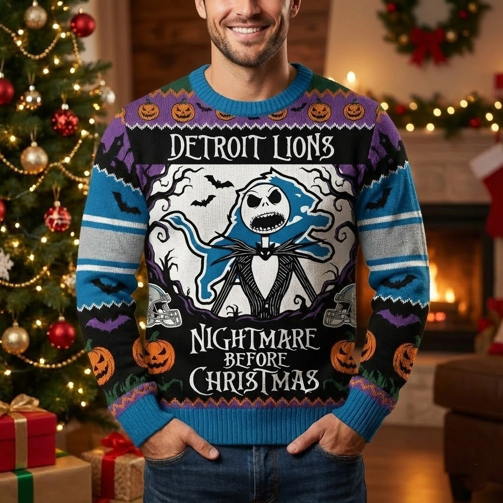 Detroit Lions Nightmare Before Christmas Sweater - NFL Jack Skellington Halloween Ugly Christmas Sweater - LeagueLockerGear