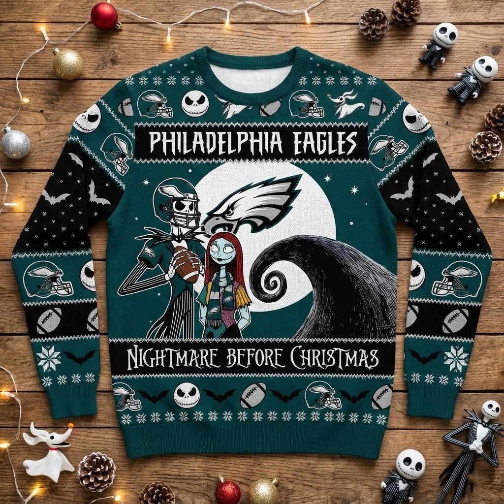 Philadelphia Eagles Nightmare Before Christmas Sweater - NFL Jack Skellington and Sally Ugly Christmas Sweater - LeagueLockerGear