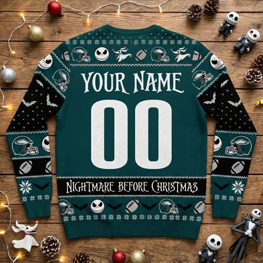 Philadelphia Eagles Nightmare Before Christmas Sweater - NFL Jack Skellington and Sally Ugly Christmas Sweater - LeagueLockerGear