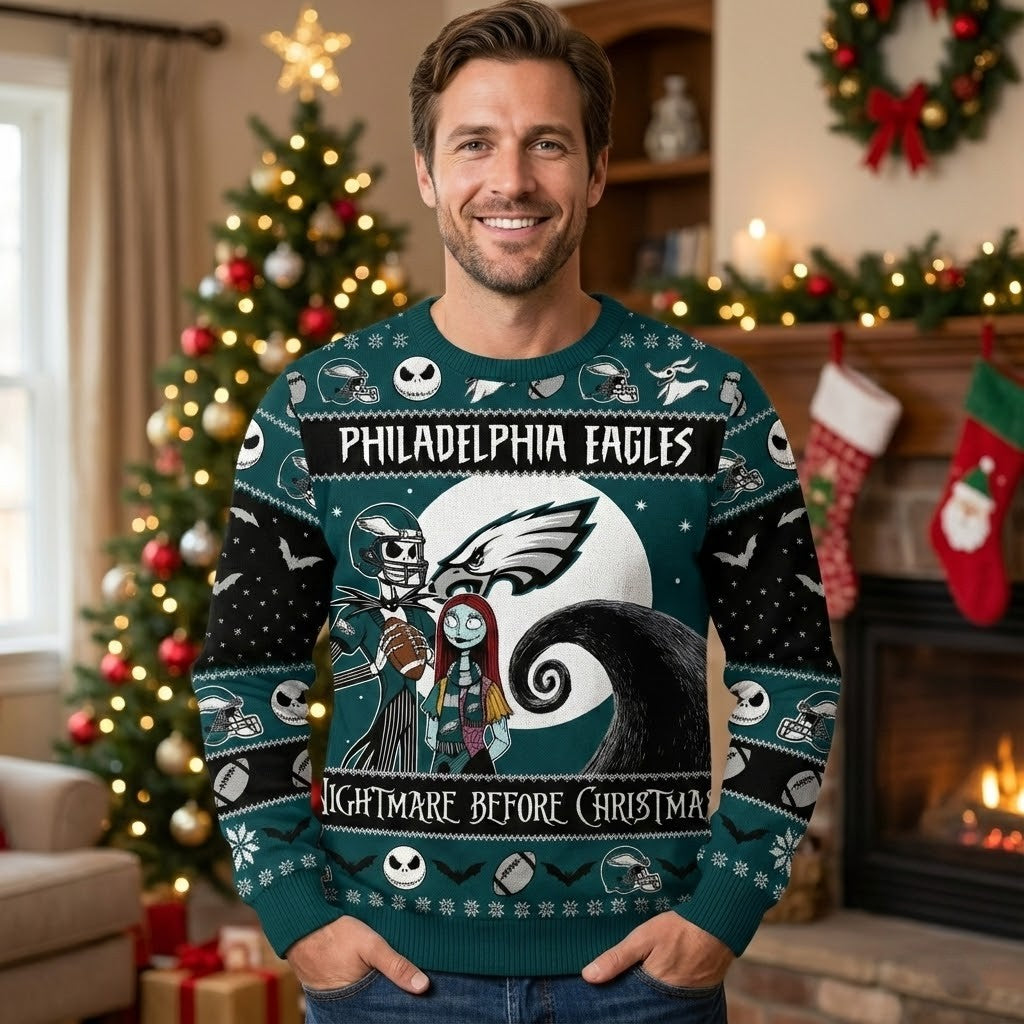 Philadelphia Eagles Nightmare Before Christmas Sweater - NFL Jack Skellington and Sally Ugly Christmas Sweater - LeagueLockerGear