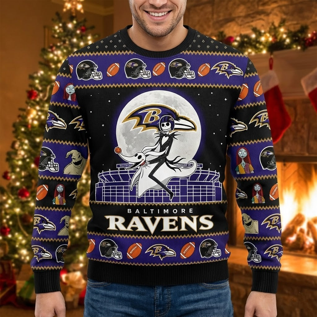 Baltimore Ravens Nightmare Before Christmas Sweater - NFL Jack Skellington Ugly Christmas Jumper - LeagueLockerGear