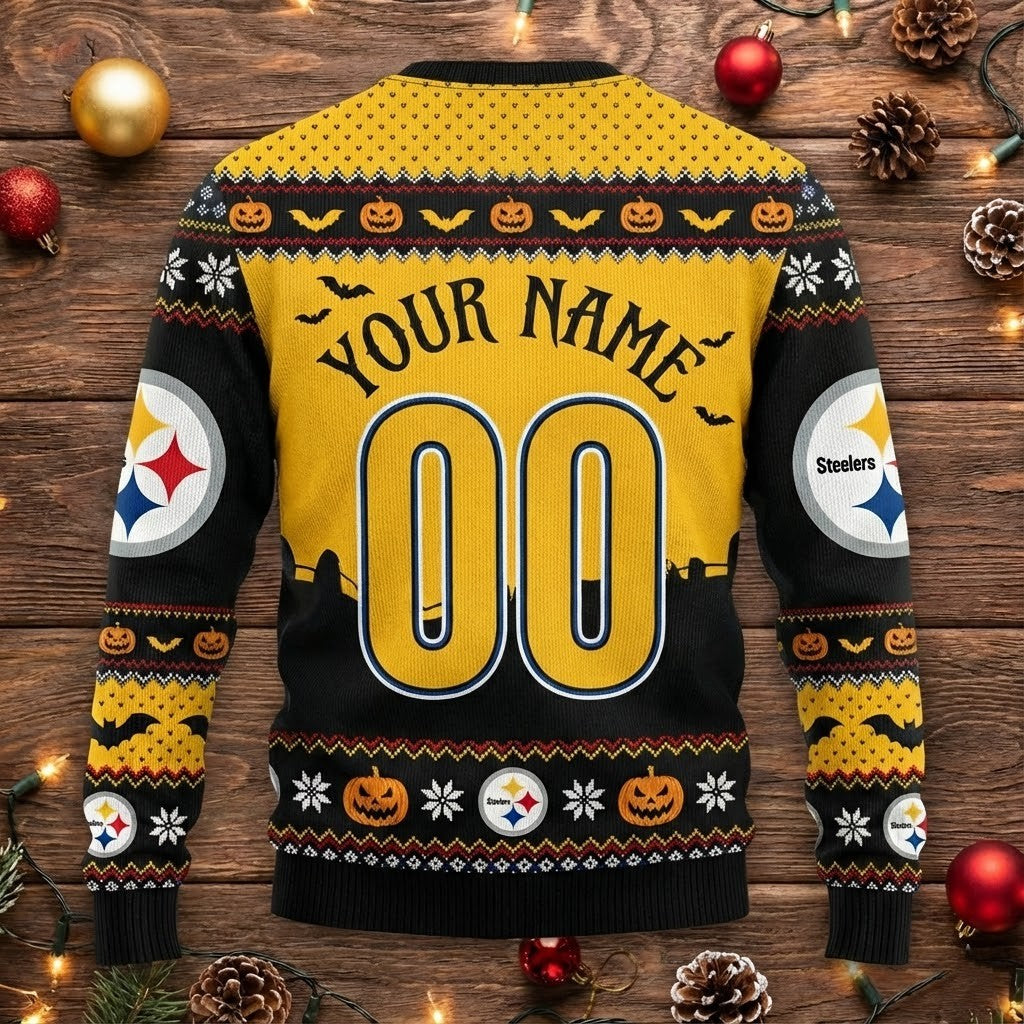 Pittsburgh Steelers Nightmare Before Christmas Sweater - Ugly Sweater Style NFL Fan Apparel - LeagueLockerGear
