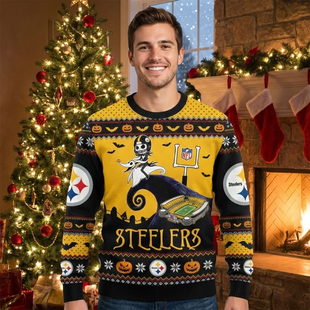 Pittsburgh Steelers Nightmare Before Christmas Sweater - Ugly Sweater Style NFL Fan Apparel - LeagueLockerGear