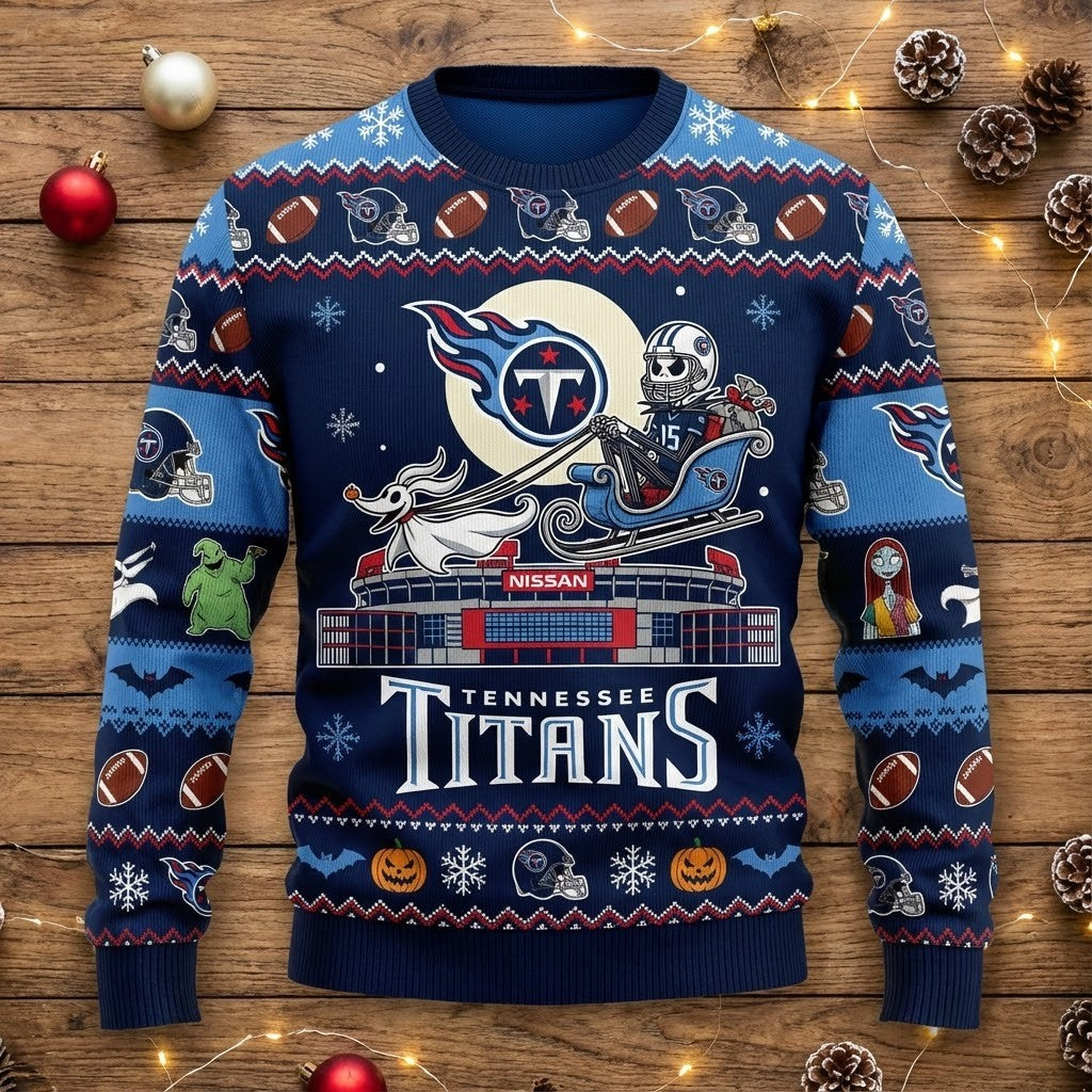 Tennessee Titans Nightmare Before Christmas Sweater - NFL Fan Holiday Ugly Christmas Sweater - LeagueLockerGear