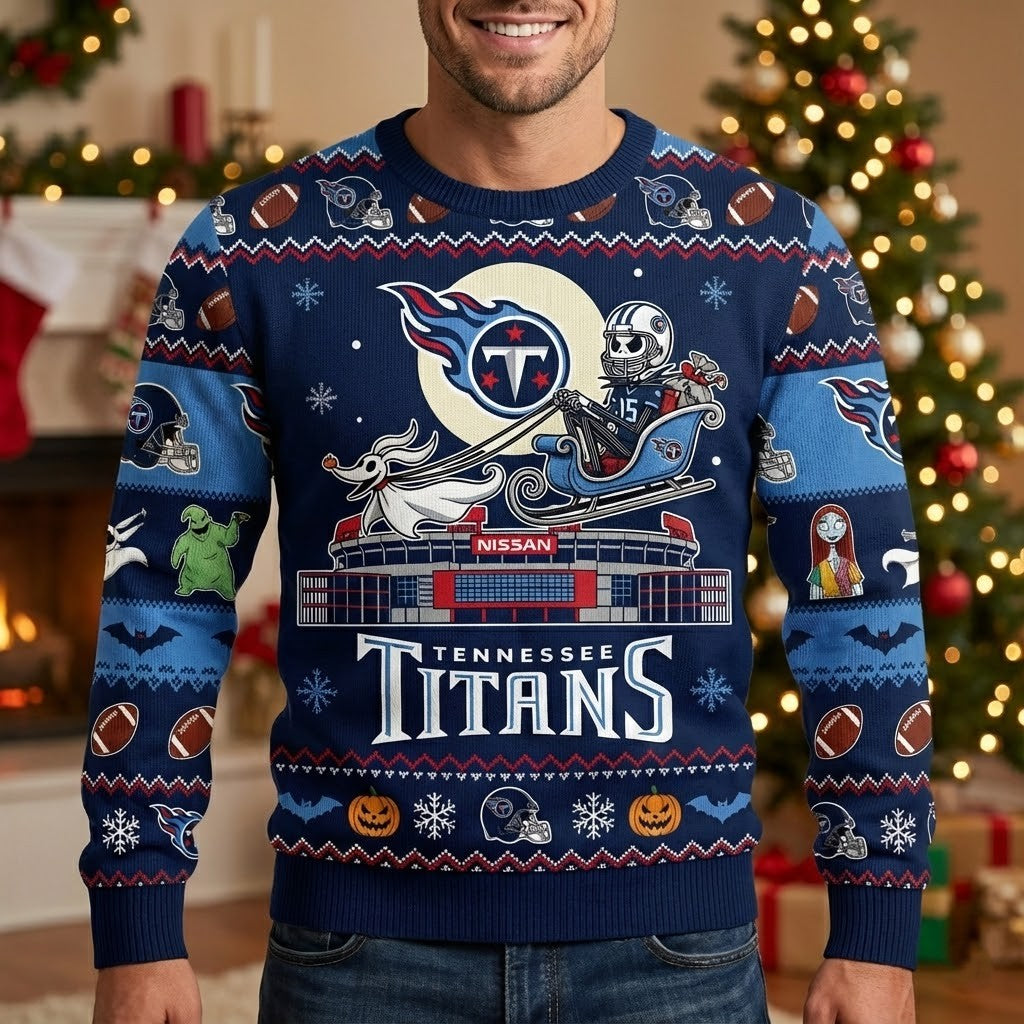 Tennessee Titans Nightmare Before Christmas Sweater - NFL Fan Holiday Ugly Christmas Sweater - LeagueLockerGear