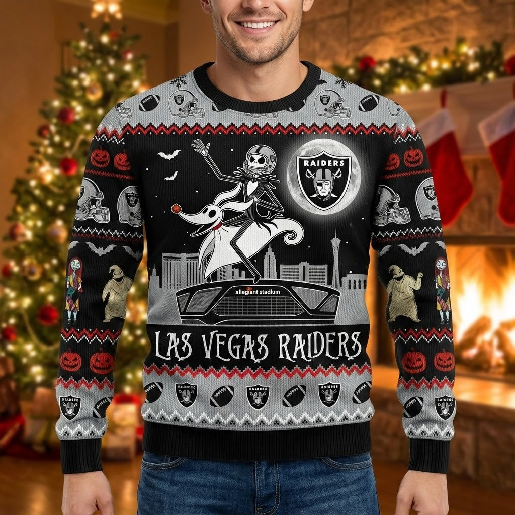 Las Vegas Raiders Nightmare Before Christmas Sweater - Jack Skellington Ugly Christmas Jumper, NFL Fan Gift - LeagueLockerGear