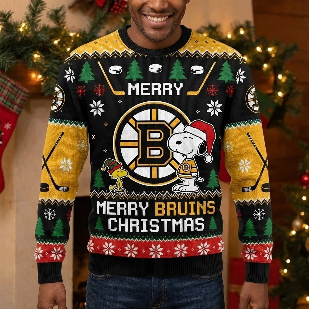 Boston Bruins Snoopy Christmas Sweater - Peanuts Ugly Holiday NHL Fan Apparel - LeagueLockerGear