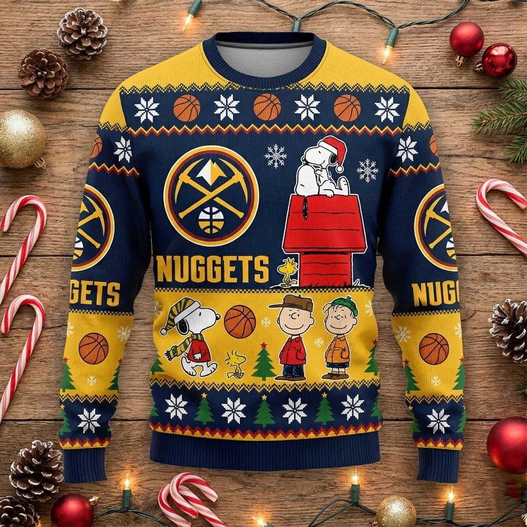 Denver Nuggets Snoopy Christmas Sweater - Peanuts Gang Ugly Holiday Sweater for NBA Fans - LeagueLockerGear