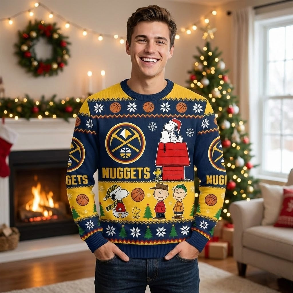 Denver Nuggets Snoopy Christmas Sweater - Peanuts Gang Ugly Holiday Sweater for NBA Fans - LeagueLockerGear