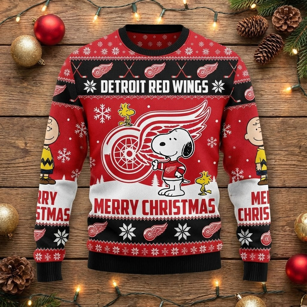 Detroit Red Wings Snoopy Christmas Sweater - Peanuts Charlie Brown NHL Ugly Christmas Sweater - LeagueLockerGear