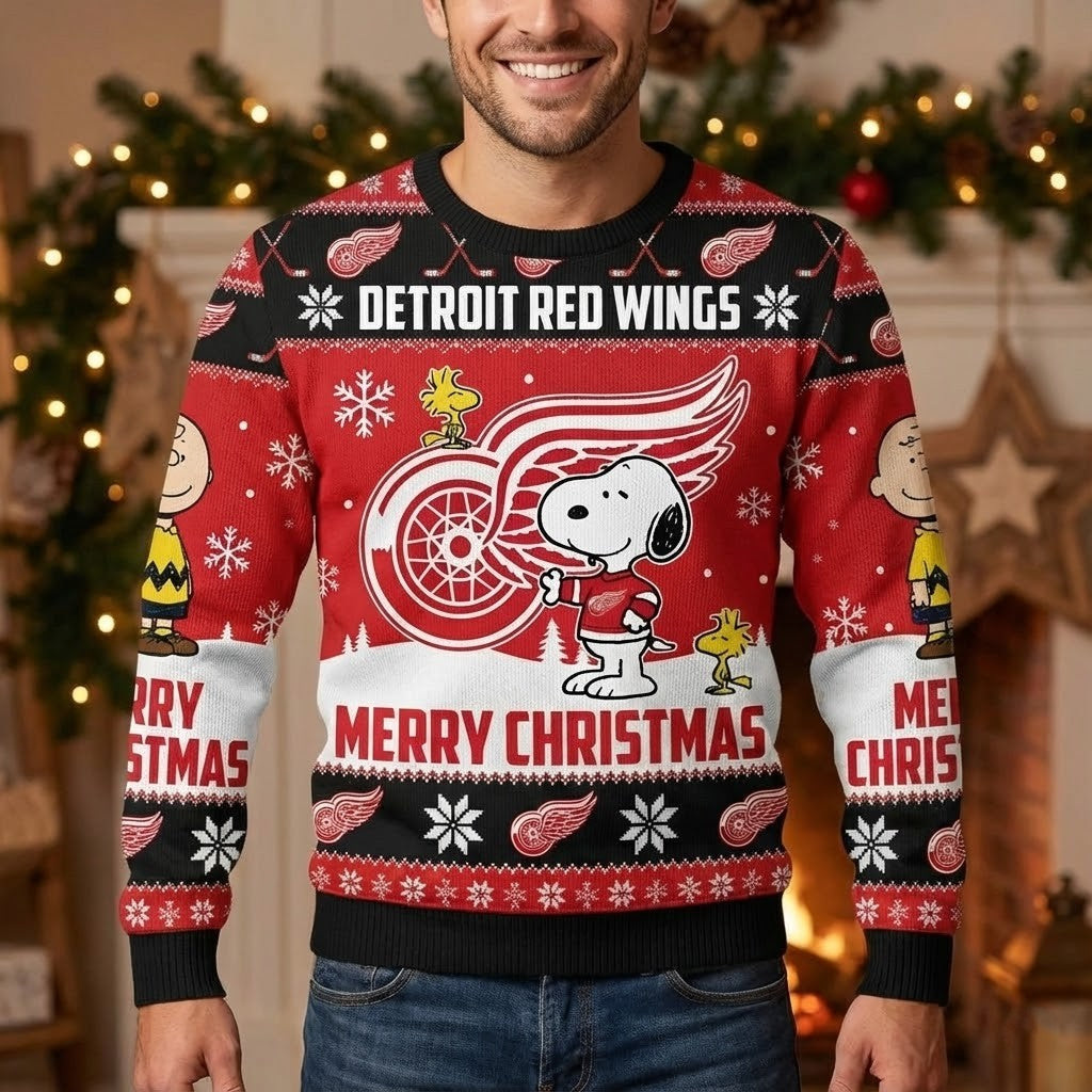 Detroit Red Wings Snoopy Christmas Sweater - Peanuts Charlie Brown NHL Ugly Christmas Sweater - LeagueLockerGear