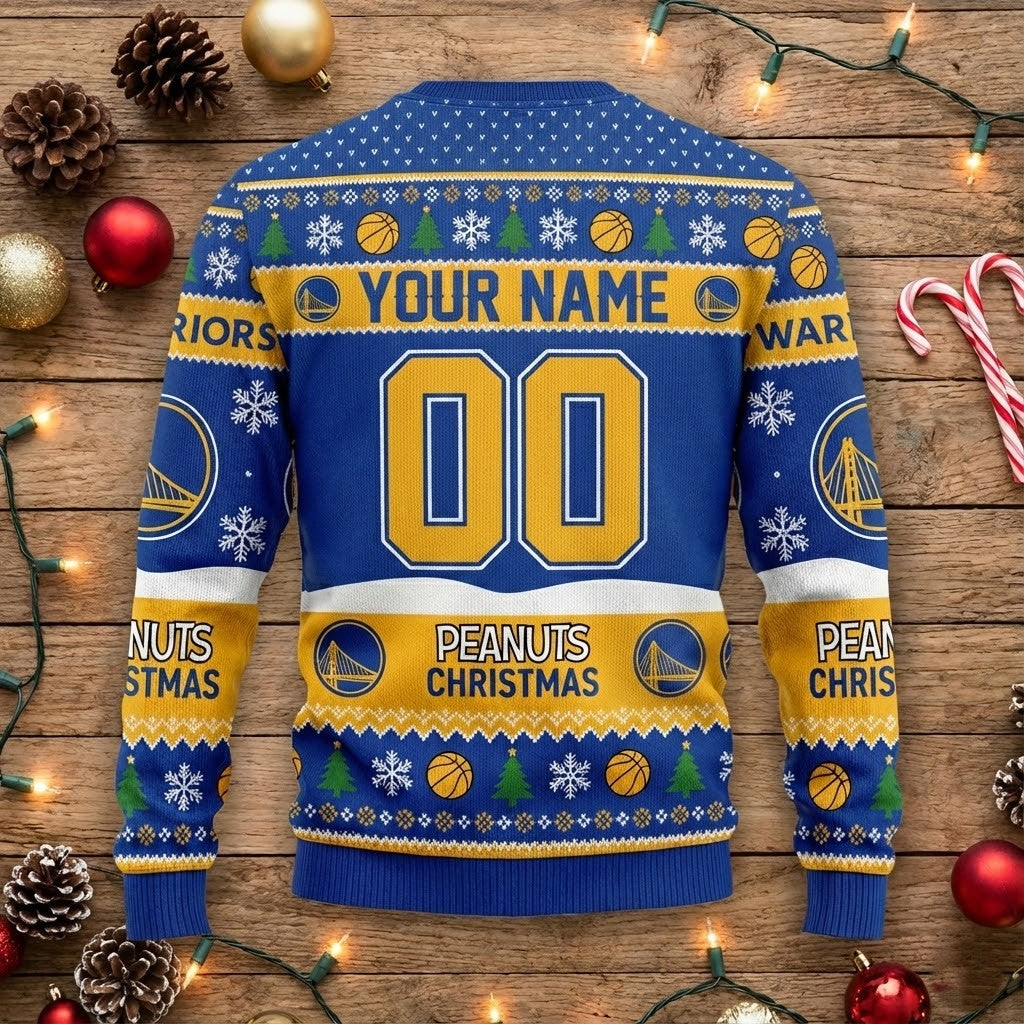 Golden State Warriors Peanuts Christmas Sweater - Snoopy Charlie Brown NBA Ugly Holiday Sweater - LeagueLockerGear