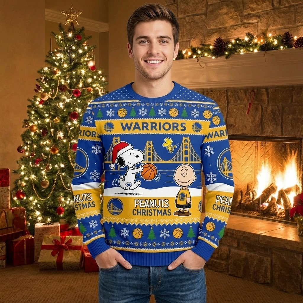Golden State Warriors Peanuts Christmas Sweater - Snoopy Charlie Brown NBA Ugly Holiday Sweater - LeagueLockerGear