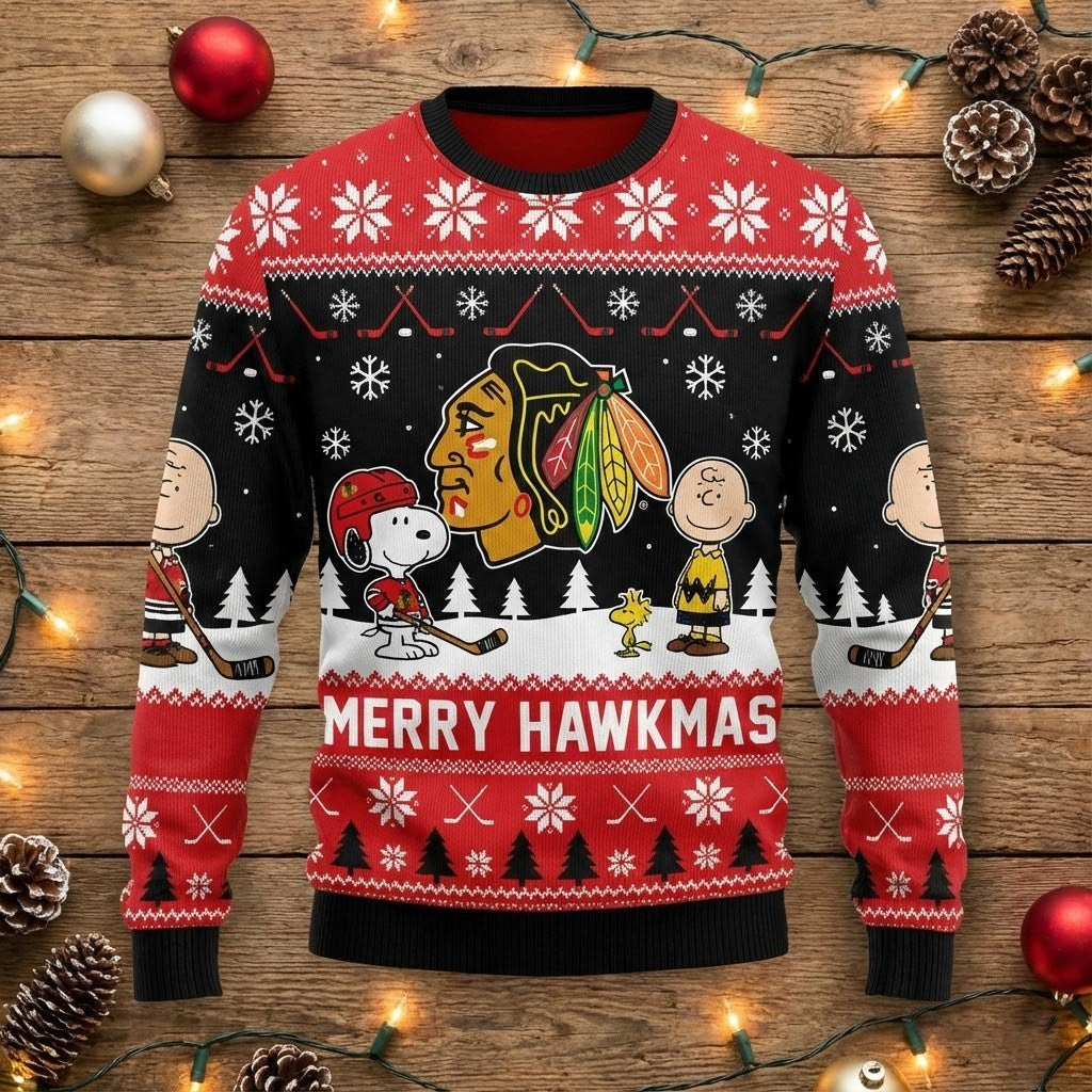 Chicago Blackhawks Peanuts Christmas Sweater - Snoopy Charlie Brown Merry Hawkmas NHL Ugly Sweater - LeagueLockerGear