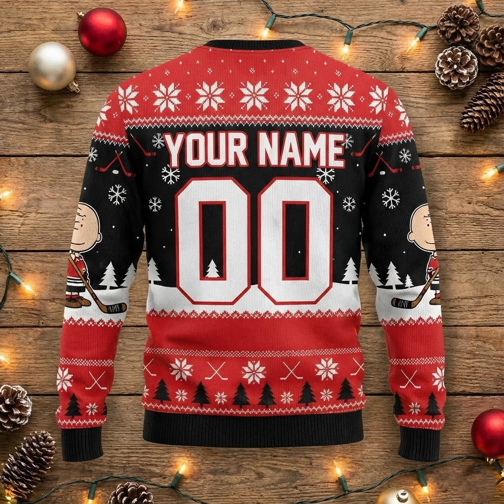 Chicago Blackhawks Peanuts Christmas Sweater - Snoopy Charlie Brown Merry Hawkmas NHL Ugly Sweater - LeagueLockerGear