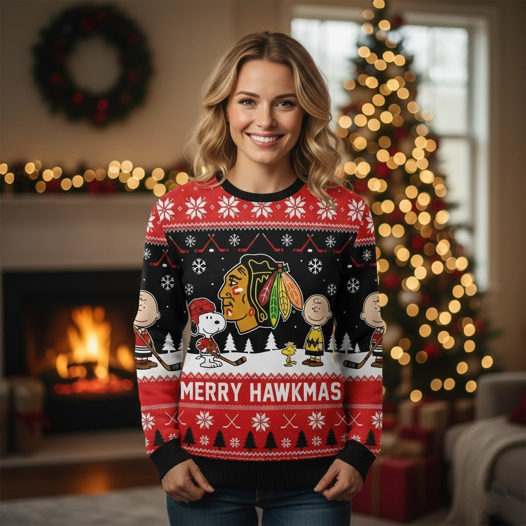 Chicago Blackhawks Peanuts Christmas Sweater - Snoopy Charlie Brown Merry Hawkmas NHL Ugly Sweater - LeagueLockerGear