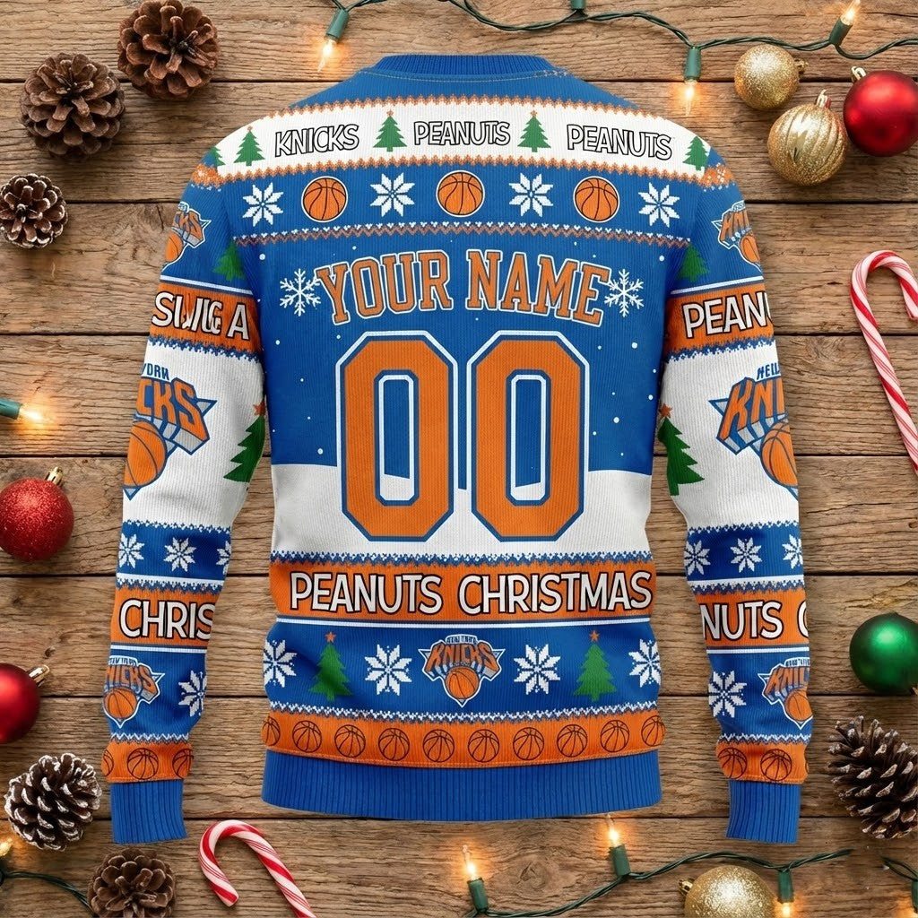 New York Knicks Peanuts Christmas Sweater - Snoopy Charlie Brown NBA Ugly Holiday Sweater - LeagueLockerGear