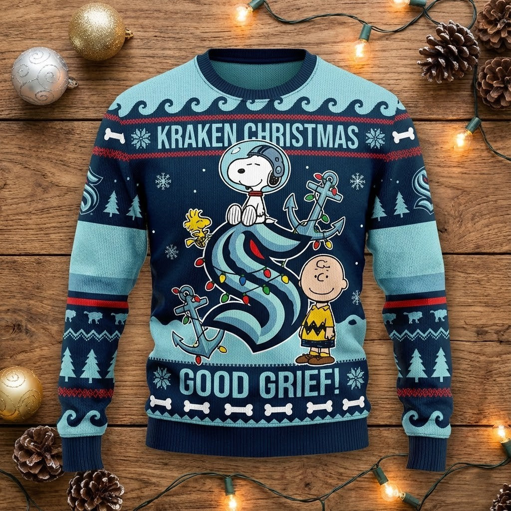 Seattle Kraken Snoopy Christmas Sweater - Peanuts Gang Charlie Brown Ugly Holiday Sweater - LeagueLockerGear